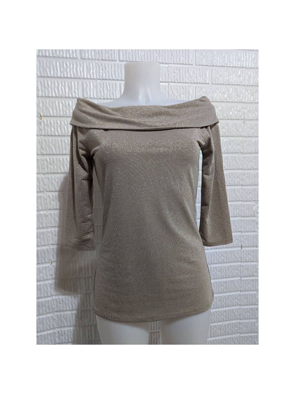 White House Black Market Women's Gold Metallic Off-The-Shoulder Knit Top Size S